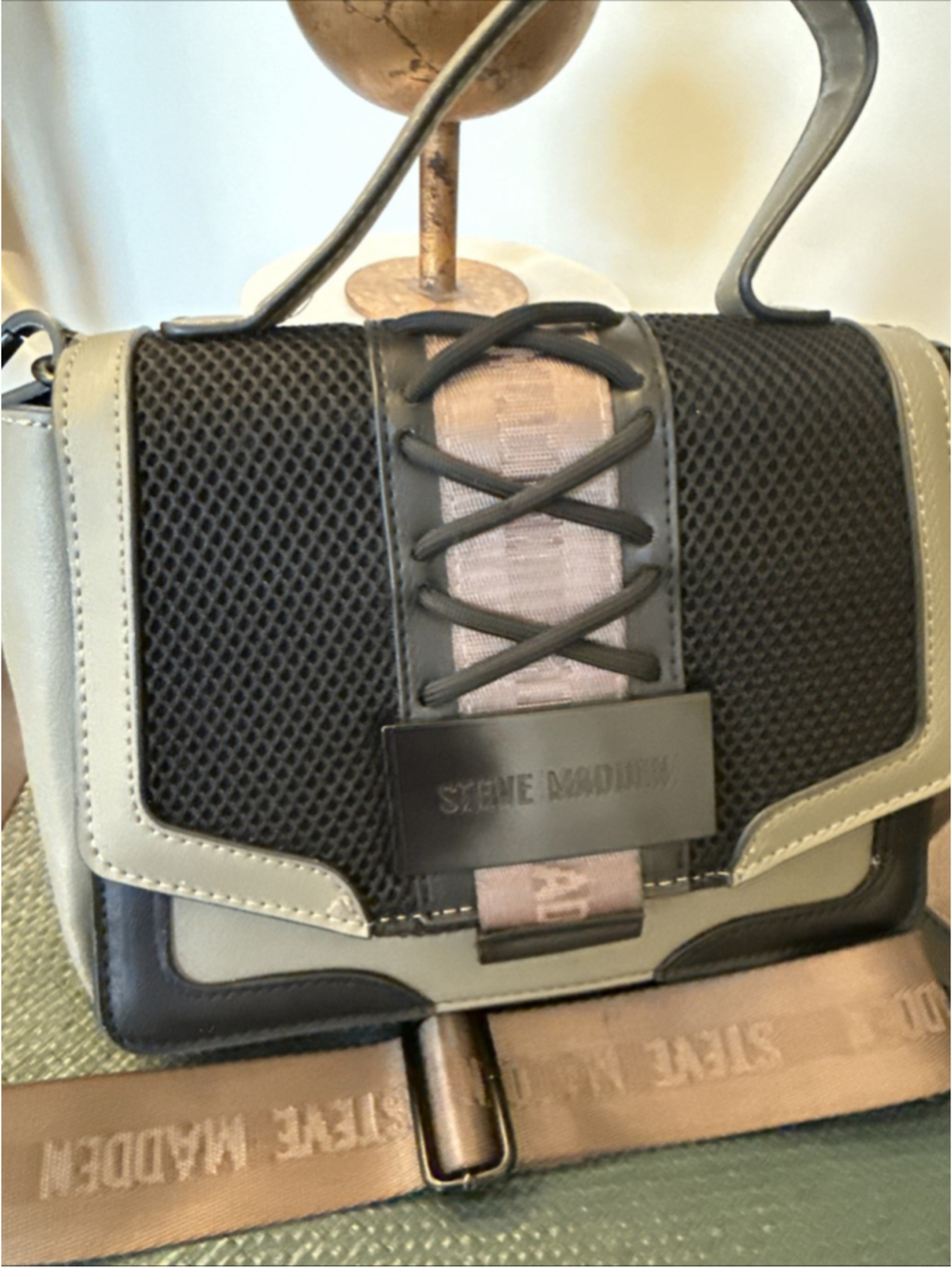 Steve Madden BDALI Satchel Crossbody Black Olive Mesh Faux Leather NWOT